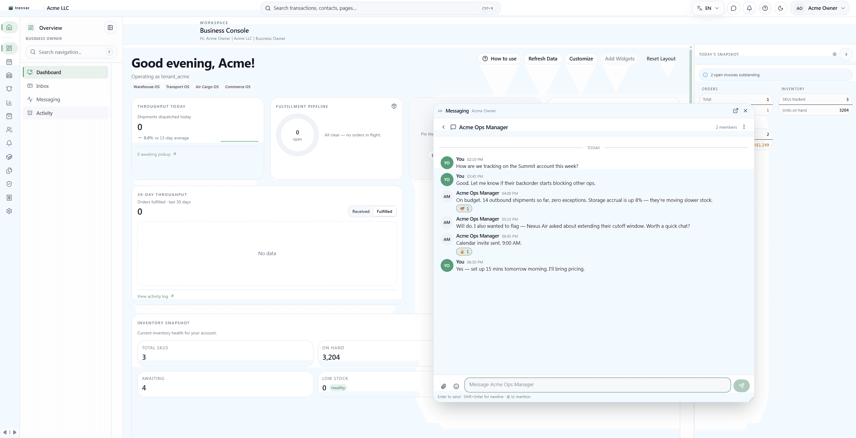 Operations team coordinating with a downstream customer through the in-platform messaging window