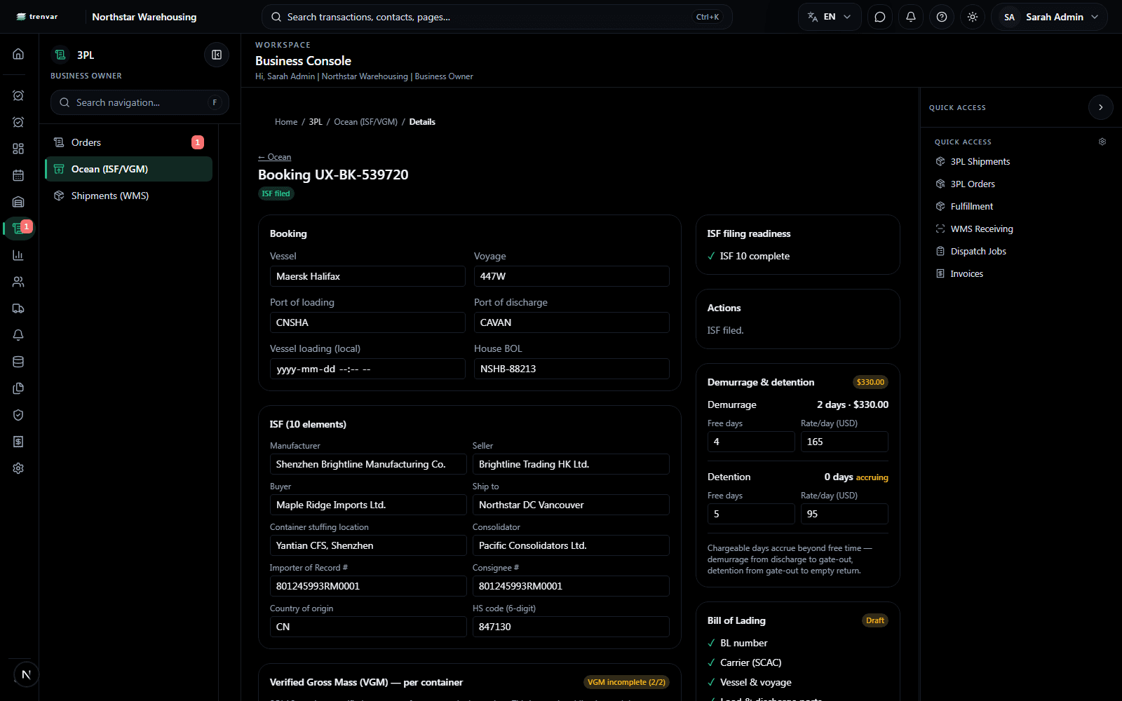 Trenvar ocean booking showing ISF 10+2, per-container VGM, and live demurrage and detention charges
